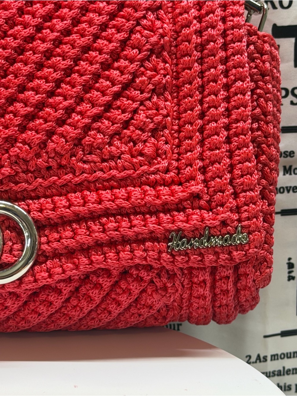 Handcrafted Red Crochet Top-Handle Bag with Scarf Accent - Picture 3 of 8